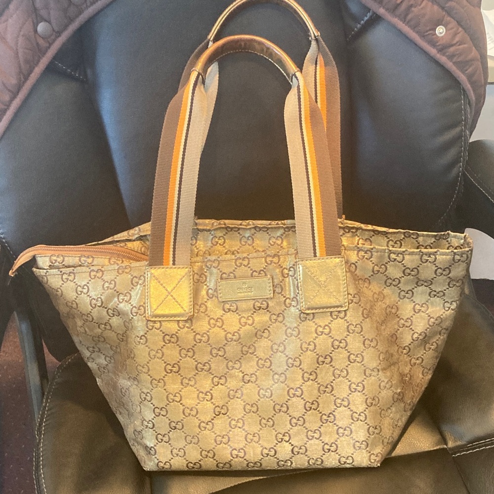 Gucci Brown and Gold Monogram Tote